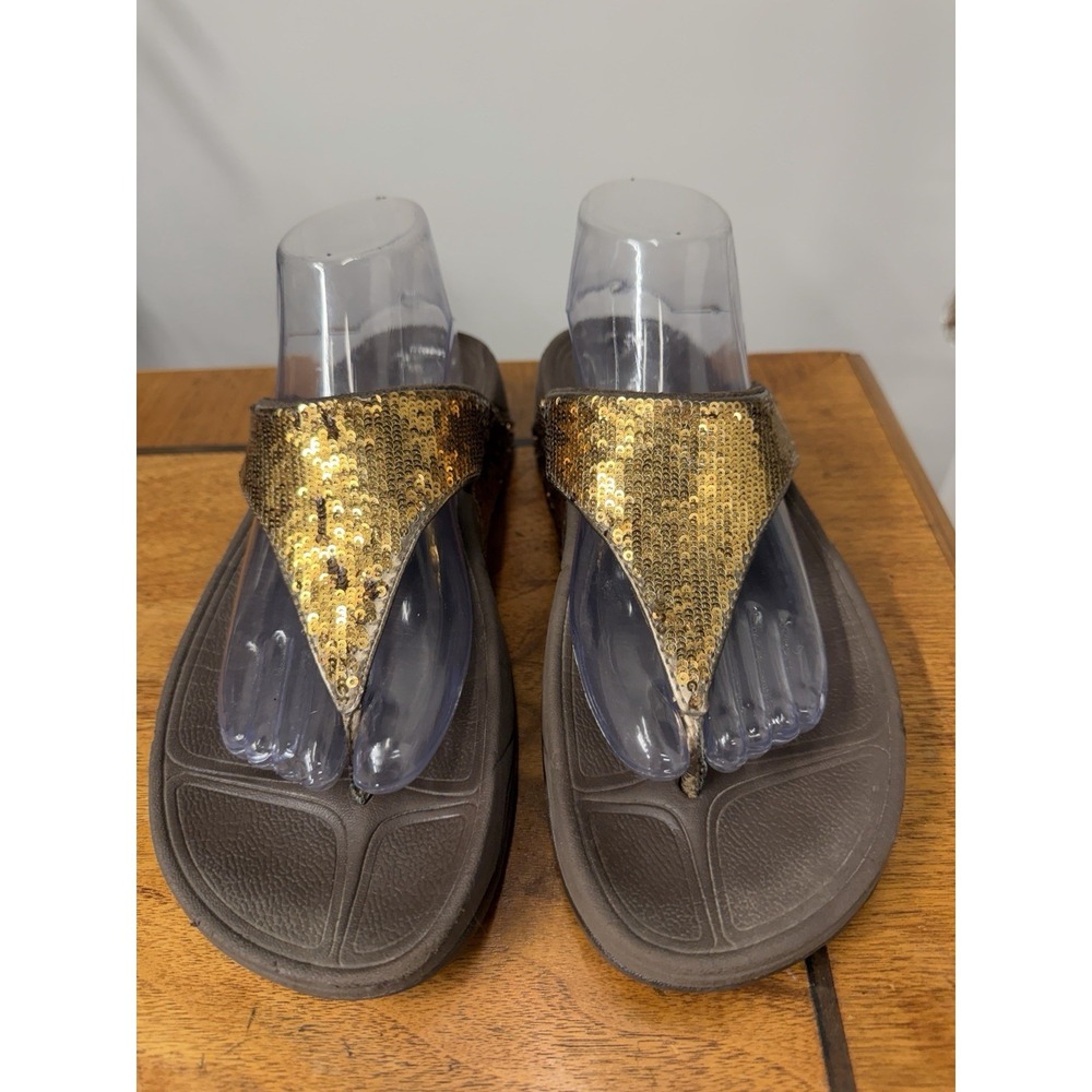 FitFlop Women's 9 Adjustable Brown Gold Sequins‎ Slide Metallic Platform Sandals
